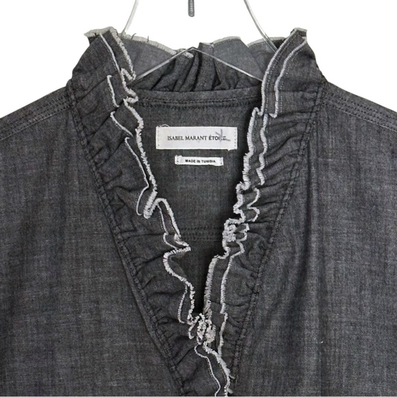 Isabel Marant Etoile Lawendy Gray Chambray Ruffle Blouse Top Size 40 US 8 - Picture 2 of 10